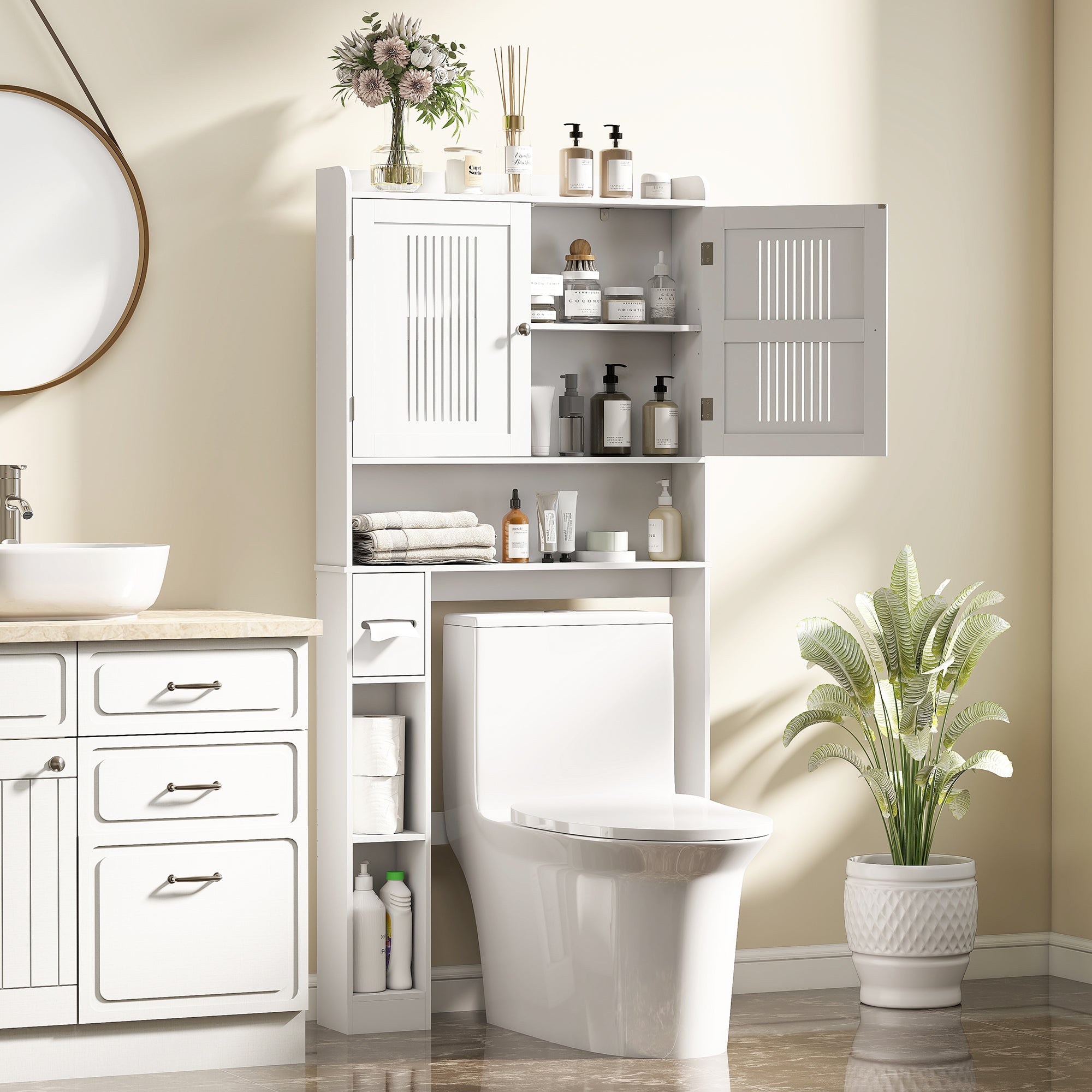 Over Toilet Shelf Bathroom Cabinet with Adjustable Shelf, 2 Doors, Toilet Paper Holder, and Open Shelves Space-Saving Storage Cabinet for Bathroom White