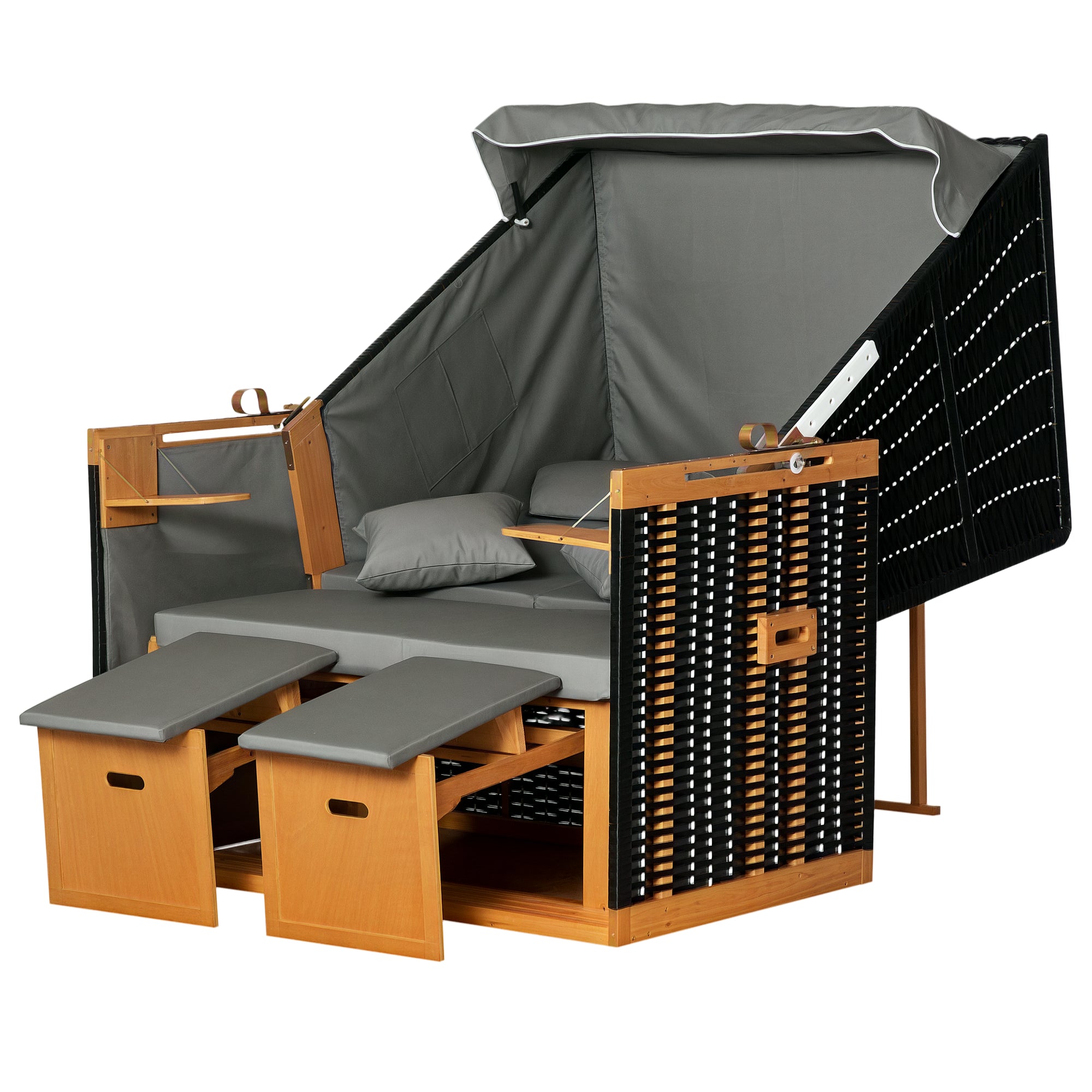 Baltic Sea Full Reclining Beach Chair for 2 People Winterproof Beach Chairs Made of Hardwood, Beach Chair with Canopy, Footstool, Side Tables, Beach Chair Cover, Beach Chair for Balcony, Garden Terrace, Light Gray
