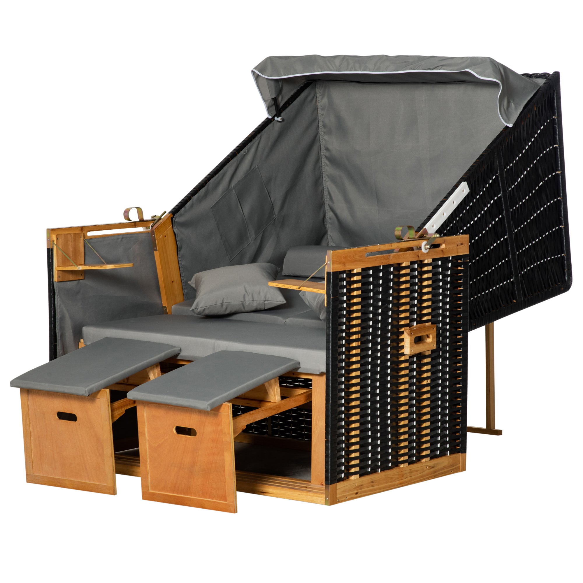 Baltic Sea Full Reclining Beach Chair for 2 People Winterproof Beach Chairs Made of Hardwood, Beach Chair with Canopy, Footstool, Side Tables, Beach Chair Cover, Beach Chair for Balcony, Garden Terrace, Light Gray