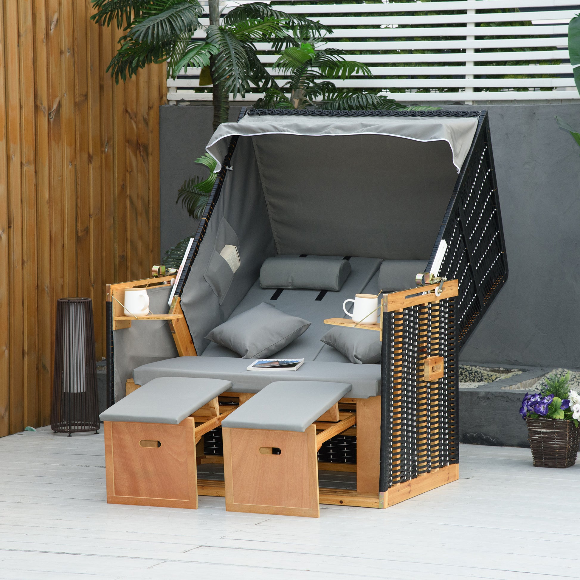 Baltic Sea Full Reclining Beach Chair for 2 People Winterproof Beach Chairs Made of Hardwood, Beach Chair with Canopy, Footstool, Side Tables, Beach Chair Cover, Beach Chair for Balcony, Garden Terrace, Light Gray
