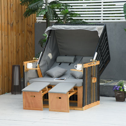 Baltic Sea Full Reclining Beach Chair for 2 People Winterproof Beach Chairs Made of Hardwood, Beach Chair with Canopy, Footstool, Side Tables, Beach Chair Cover, Beach Chair for Balcony, Garden Terrace, Light Gray