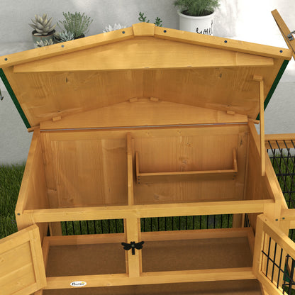Rabbit Hutch 2 Levels Rabbit Hutch Made of Fir Wood Winterproof Double-Deck House with Outdoor Run Ramp 150x52x68 cm Rabbit Cage Outdoor Small Animal Hutch for Rabbits Guinea Pigs Yellow