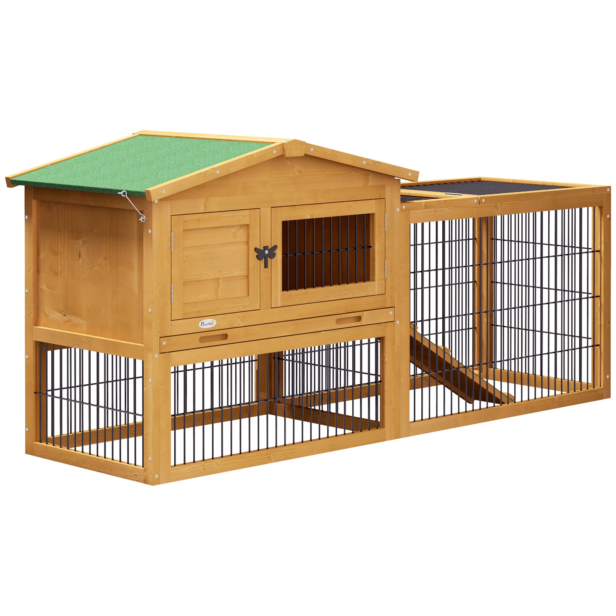Rabbit Hutch 2 Levels Rabbit Hutch Made of Fir Wood Winterproof Double-Deck House with Outdoor Run Ramp 150x52x68 cm Rabbit Cage Outdoor Small Animal Hutch for Rabbits Guinea Pigs Yellow