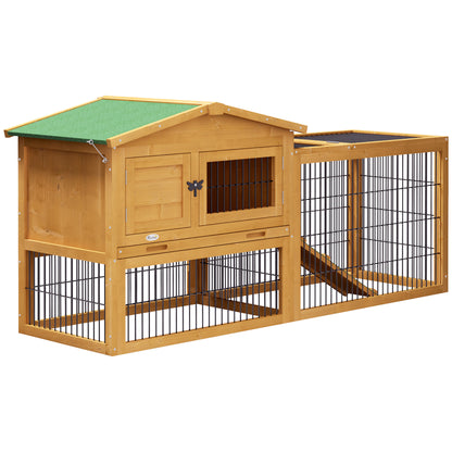 Rabbit Hutch 2 Levels Rabbit Hutch Made of Fir Wood Winterproof Double-Deck House with Outdoor Run Ramp 150x52x68 cm Rabbit Cage Outdoor Small Animal Hutch for Rabbits Guinea Pigs Yellow