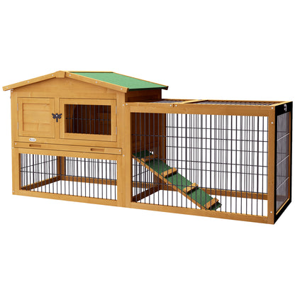 Rabbit Hutch 2 Levels Rabbit Hutch Made of Fir Wood Winterproof Double-Deck House with Outdoor Run Ramp 150x52x68 cm Rabbit Cage Outdoor Small Animal Hutch for Rabbits Guinea Pigs Yellow