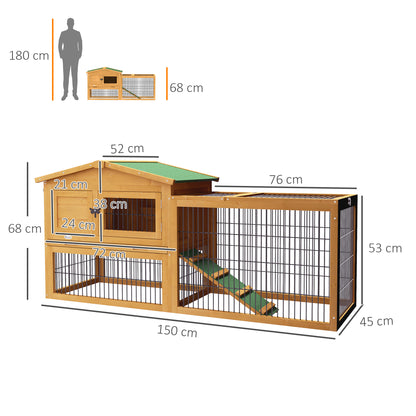 Rabbit Hutch 2 Levels Rabbit Hutch Made of Fir Wood Winterproof Double-Deck House with Outdoor Run Ramp 150x52x68 cm Rabbit Cage Outdoor Small Animal Hutch for Rabbits Guinea Pigs Yellow