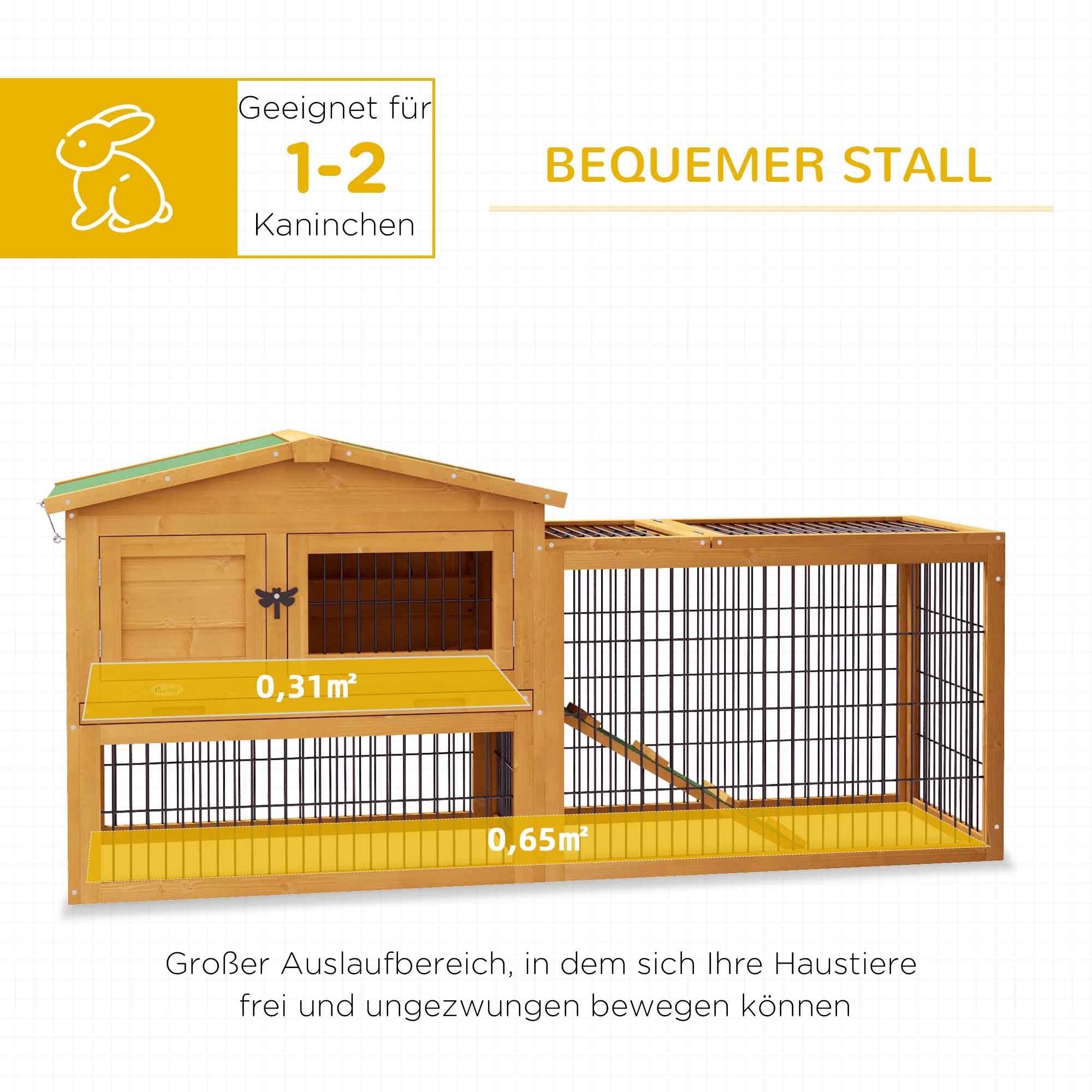 Rabbit Hutch 2 Levels Rabbit Hutch Made of Fir Wood Winterproof Double-Deck House with Outdoor Run Ramp 150x52x68 cm Rabbit Cage Outdoor Small Animal Hutch for Rabbits Guinea Pigs Yellow