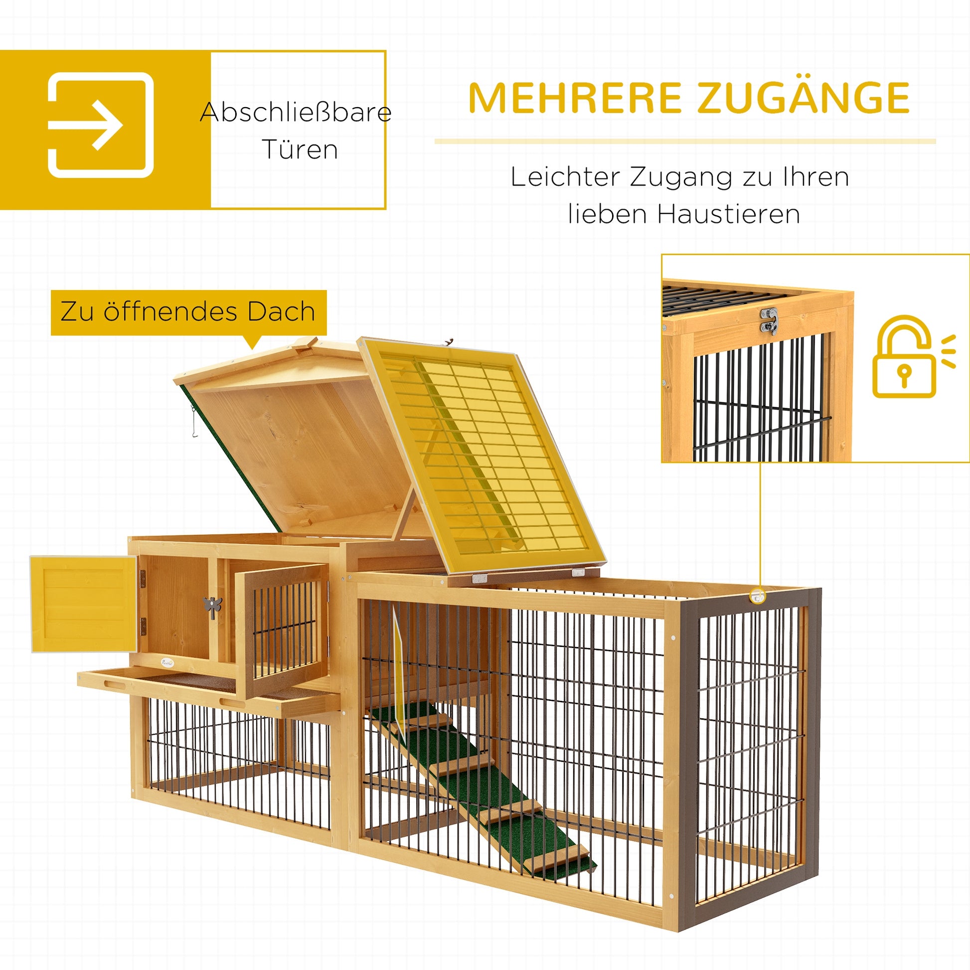 Rabbit Hutch 2 Levels Rabbit Hutch Made of Fir Wood Winterproof Double-Deck House with Outdoor Run Ramp 150x52x68 cm Rabbit Cage Outdoor Small Animal Hutch for Rabbits Guinea Pigs Yellow