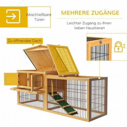 Rabbit Hutch 2 Levels Rabbit Hutch Made of Fir Wood Winterproof Double-Deck House with Outdoor Run Ramp 150x52x68 cm Rabbit Cage Outdoor Small Animal Hutch for Rabbits Guinea Pigs Yellow