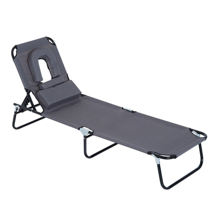 Foldable Sun Lounger with Pillow Reclining Chair with 4-Position Adjustable Backrest Camping Lounger with Face Hole Garden Chair Up to 120kg Load Capacity for Garden, Balcony Gray