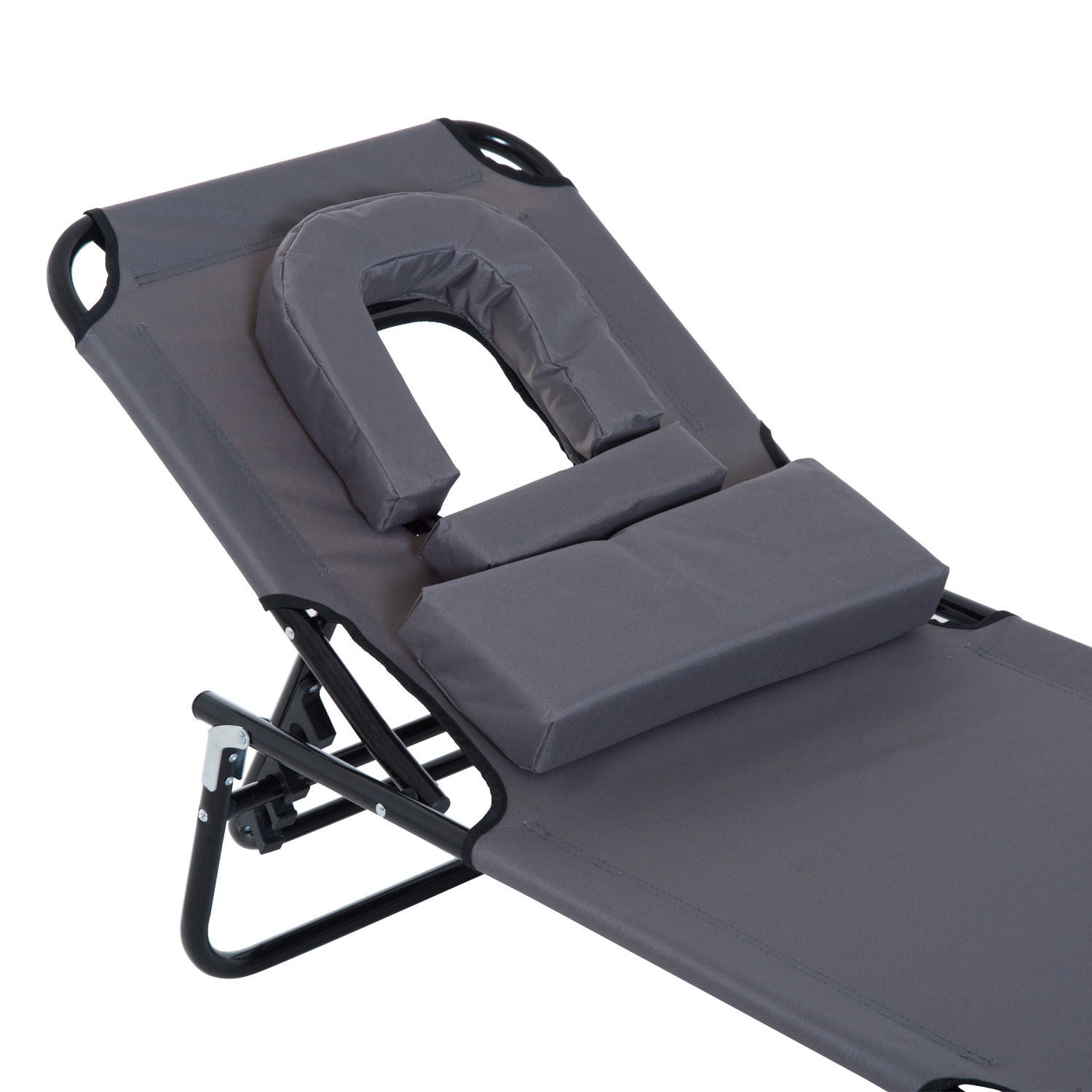 Foldable Sun Lounger with Pillow Reclining Chair with 4-Position Adjustable Backrest Camping Lounger with Face Hole Garden Chair Up to 120kg Load Capacity for Garden, Balcony Gray
