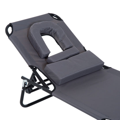 Foldable Sun Lounger with Pillow Reclining Chair with 4-Position Adjustable Backrest Camping Lounger with Face Hole Garden Chair Up to 120kg Load Capacity for Garden, Balcony Gray