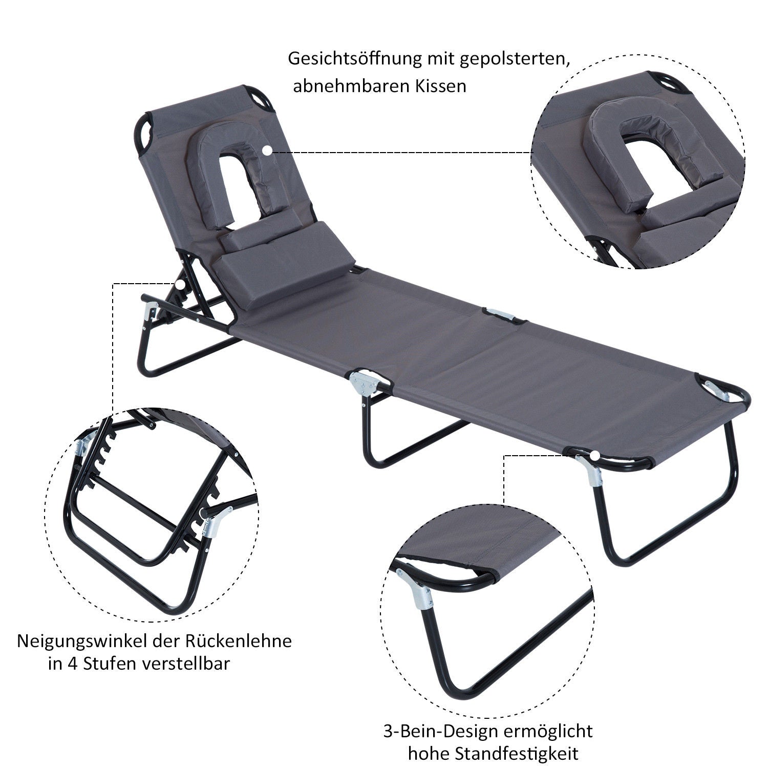 Foldable Sun Lounger with Pillow Reclining Chair with 4-Position Adjustable Backrest Camping Lounger with Face Hole Garden Chair Up to 120kg Load Capacity for Garden, Balcony Gray