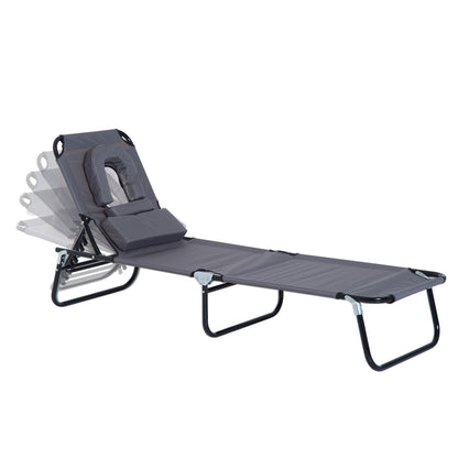Foldable Sun Lounger with Pillow Reclining Chair with 4-Position Adjustable Backrest Camping Lounger with Face Hole Garden Chair Up to 120kg Load Capacity for Garden, Balcony Gray