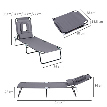 Foldable Sun Lounger with Pillow Reclining Chair with 4-Position Adjustable Backrest Camping Lounger with Face Hole Garden Chair Up to 120kg Load Capacity for Garden, Balcony Gray