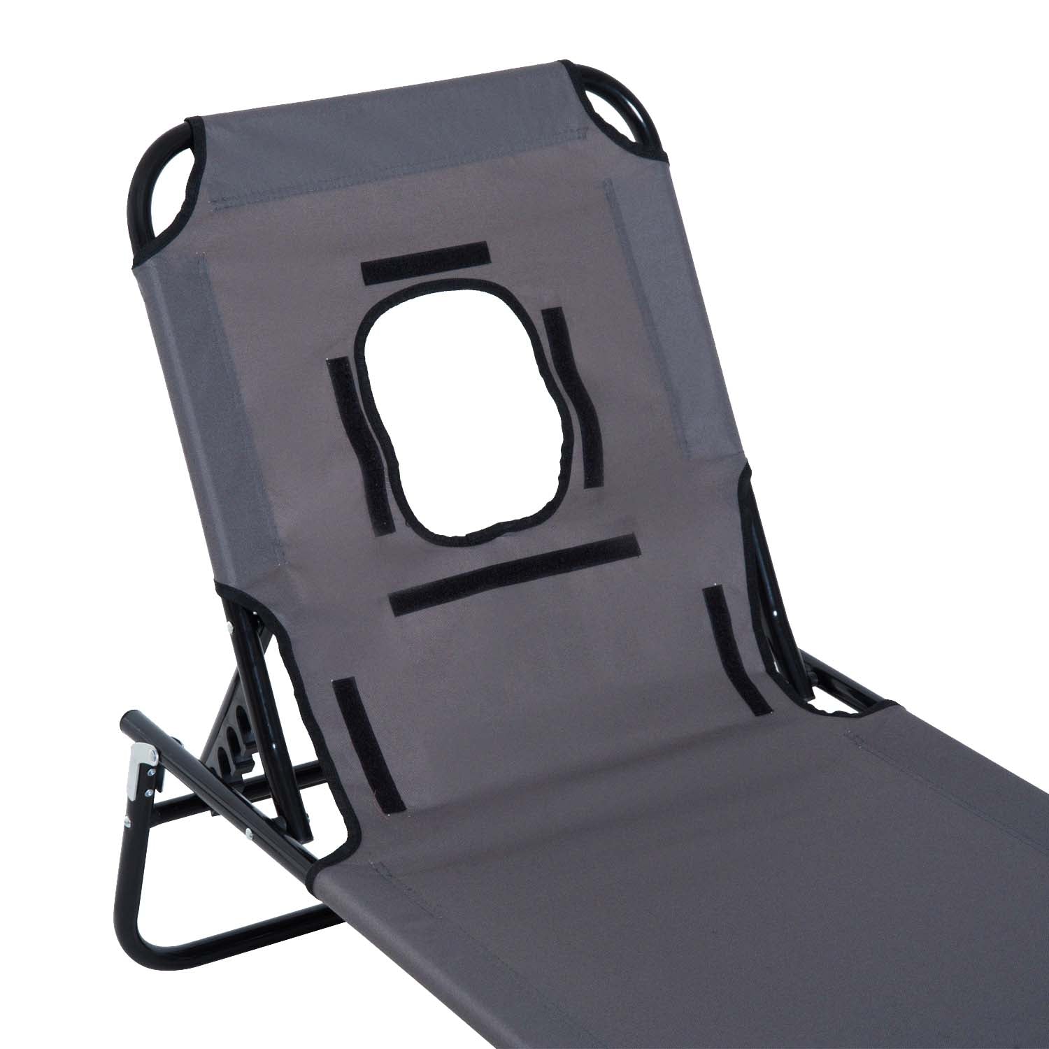 Foldable Sun Lounger with Pillow Reclining Chair with 4-Position Adjustable Backrest Camping Lounger with Face Hole Garden Chair Up to 120kg Load Capacity for Garden, Balcony Gray