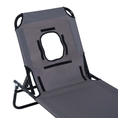 Foldable Sun Lounger with Pillow Reclining Chair with 4-Position Adjustable Backrest Camping Lounger with Face Hole Garden Chair Up to 120kg Load Capacity for Garden, Balcony Gray