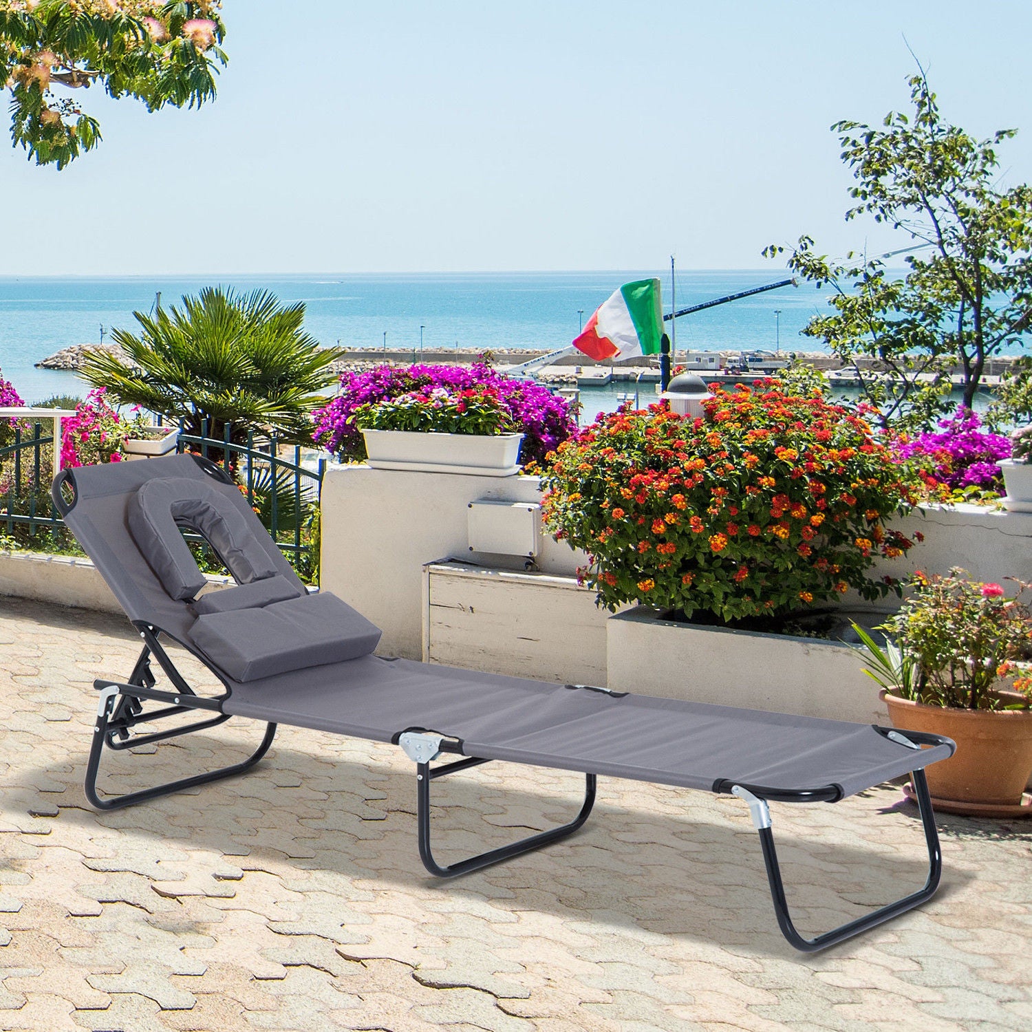 Foldable Sun Lounger with Pillow Reclining Chair with 4-Position Adjustable Backrest Camping Lounger with Face Hole Garden Chair Up to 120kg Load Capacity for Garden, Balcony Gray