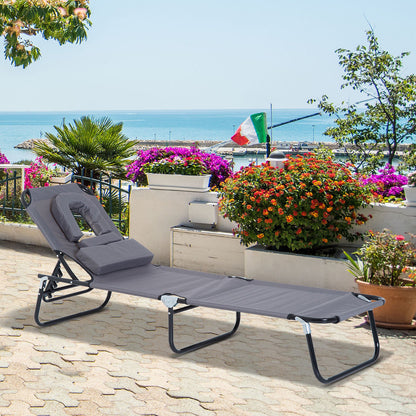 Foldable Sun Lounger with Pillow Reclining Chair with 4-Position Adjustable Backrest Camping Lounger with Face Hole Garden Chair Up to 120kg Load Capacity for Garden, Balcony Gray