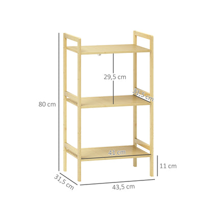 3-Tier Bamboo Bathroom Shelf, 3 Adjustable Shelves in 5 Positions, for Kitchen, Bathroom, Living Room, 43.5 x 31.5 x 80 cm, natural wood