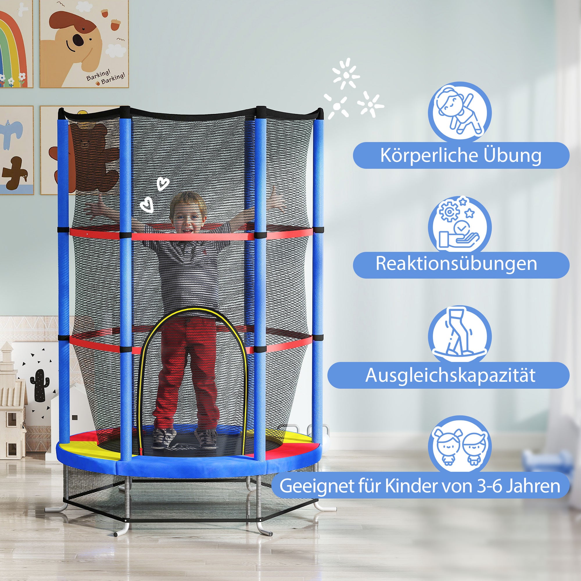 Children's Trampoline, Ø140 cm Trampoline for Children with Safety Net, Garden Trampoline for 3-6 Year Old Children, Indoor, Multicolor