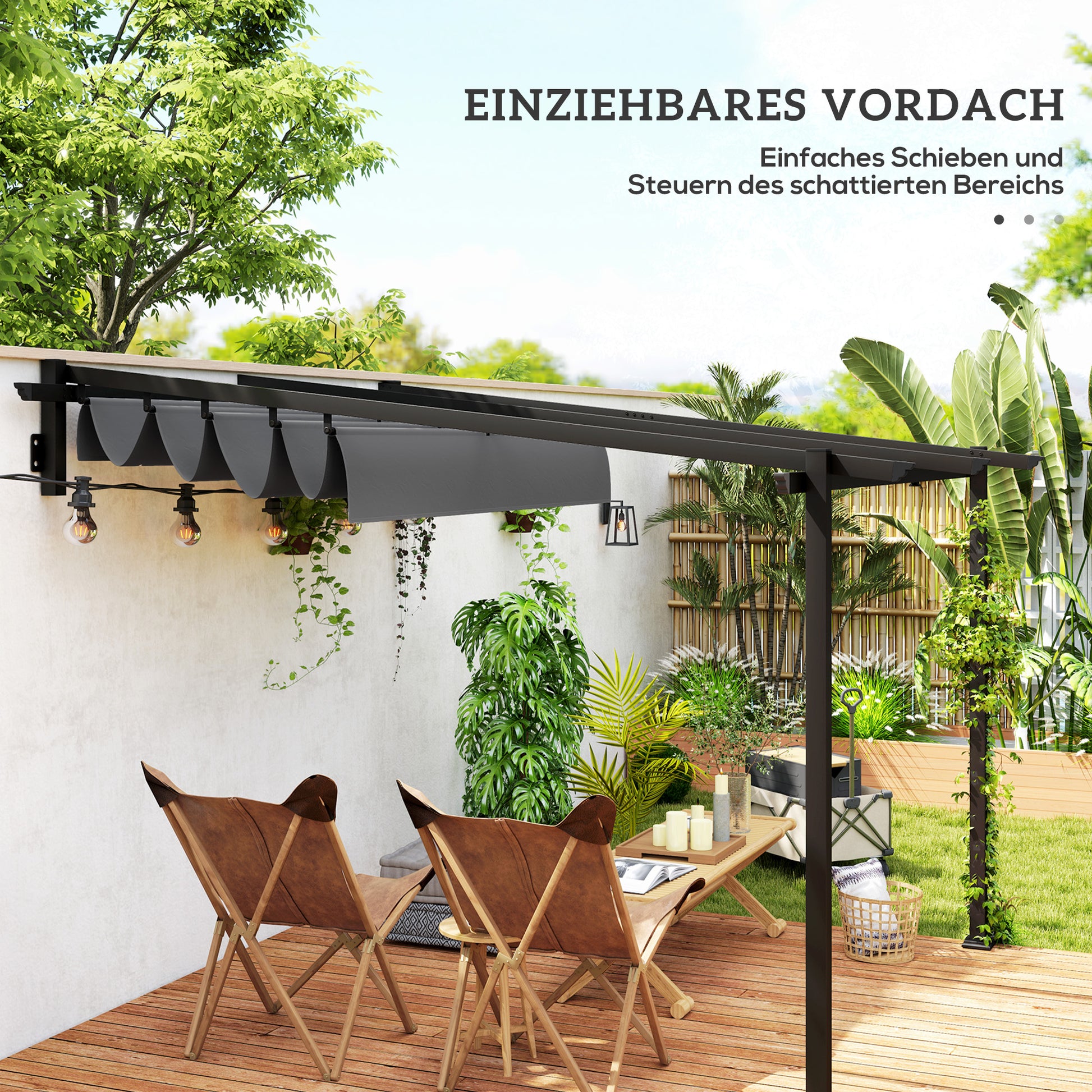 Patio Roof Pergola approx. 3x3m Terrace Canopy, Garden Pavilion made of Aluminum, Wall Mounted, Garden Gazebo with Adjustable Roof, Sun Protection for Terrace and Garden, Dark Grey