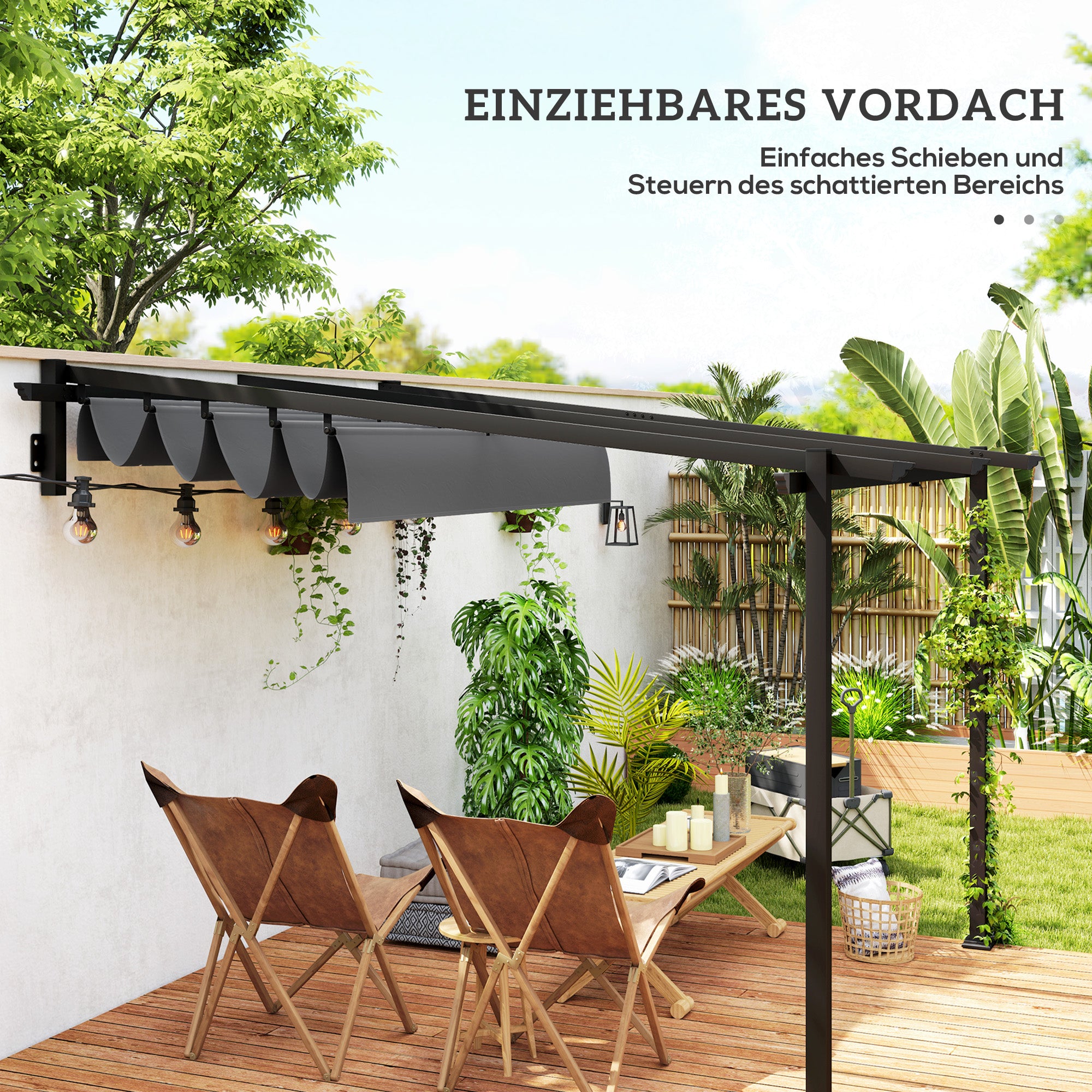 Patio Roof Pergola approx. 3x3m Terrace Canopy, Garden Pavilion made of Aluminum, Wall Mounted, Garden Gazebo with Adjustable Roof, Sun Protection for Terrace and Garden, Dark Grey