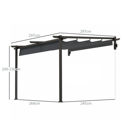 Patio Roof Pergola approx. 3x3m Terrace Canopy, Garden Pavilion made of Aluminum, Wall Mounted, Garden Gazebo with Adjustable Roof, Sun Protection for Terrace and Garden, Dark Grey