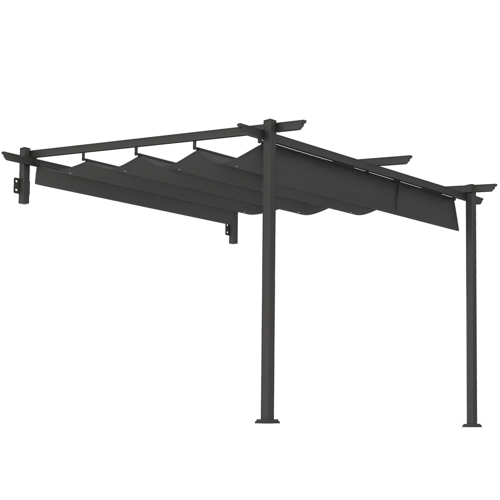 Outsunny Pergola s střechou na terasu přibližně 3x3m, zahradní pavilon z hliníku, montovaný na zeď, zahradní altán s nastavitelnou střechou, ochrana před sluncem pro terasu a zahradu, tmavě šedá