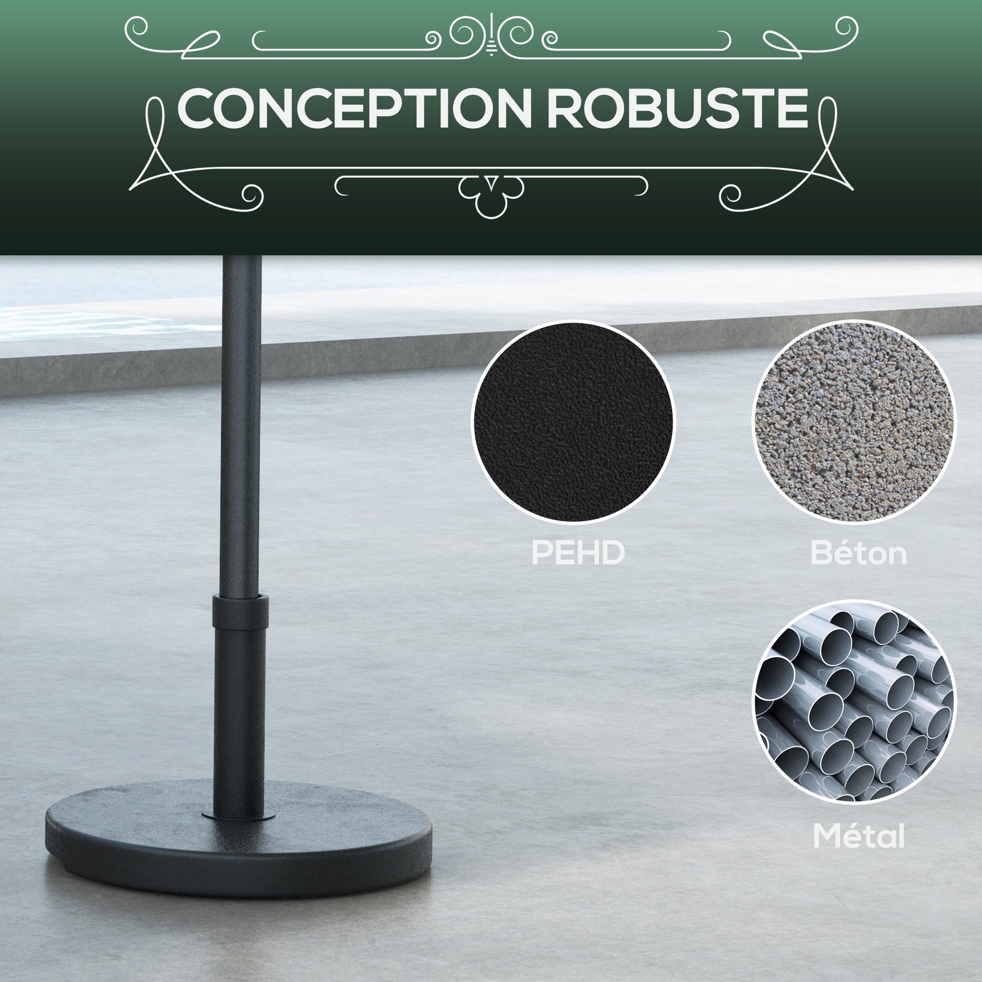 Round Umbrella Stand Base 15 kg Weight in HDPE Plastic Integrated Handle for Ø 24-38 mm Pole Size Ø 46.5 x 31H cm Black