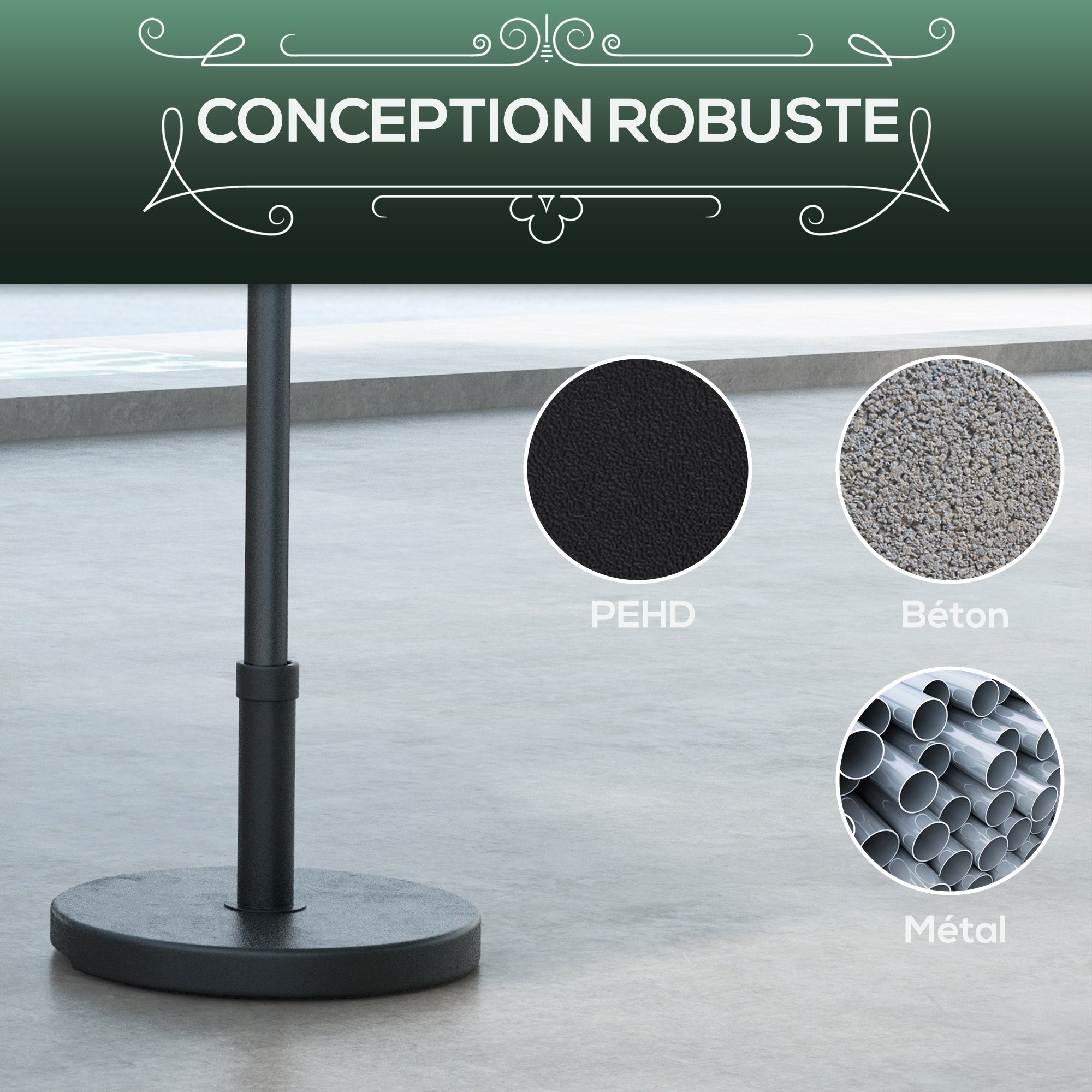 Round Umbrella Stand Base 15 kg Weight in HDPE Plastic Integrated Handle for Ø 24-38 mm Pole Size Ø 46.5 x 31H cm Black