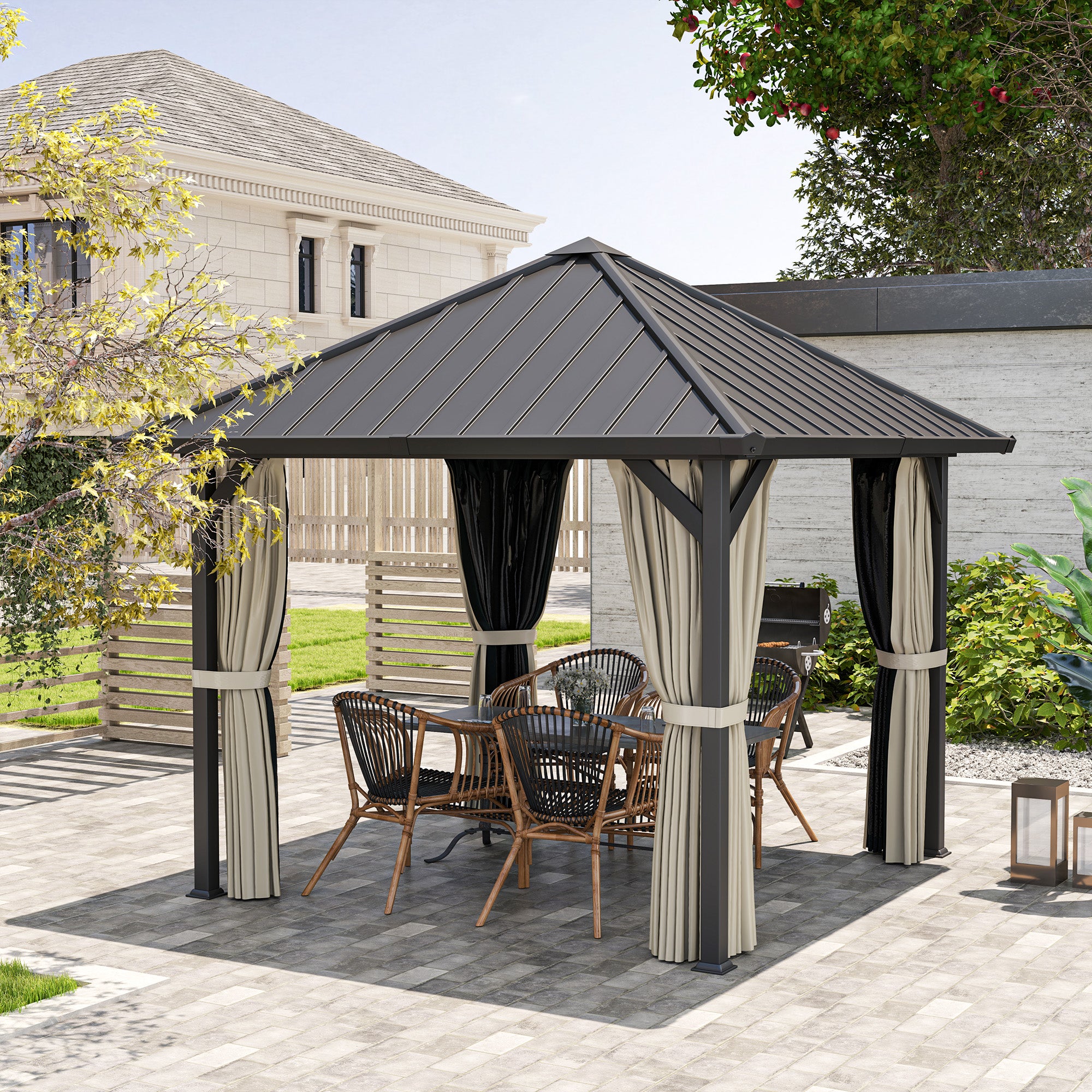 Pavilion with Hardtop, approx. 3x3m Waterproof Sturdy Winterproof Garden Pavilion with Mosquito Net, Side Panels, Metal Garden Gazebo, Pavilion for Garden, Patio, Dark Grey