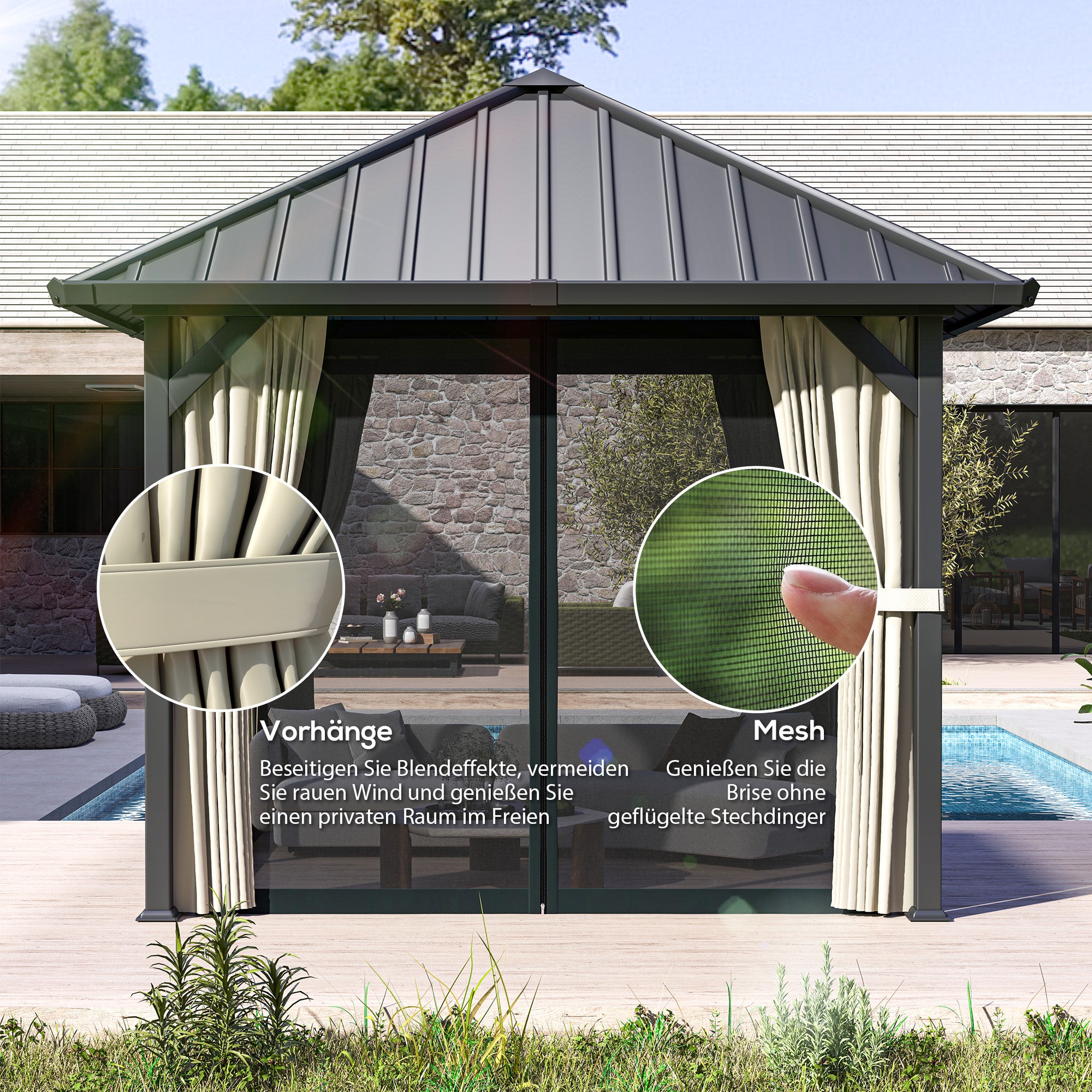 Pavilion with Hardtop, approx. 3x3m Waterproof Sturdy Winterproof Garden Pavilion with Mosquito Net, Side Panels, Metal Garden Gazebo, Pavilion for Garden, Patio, Dark Grey