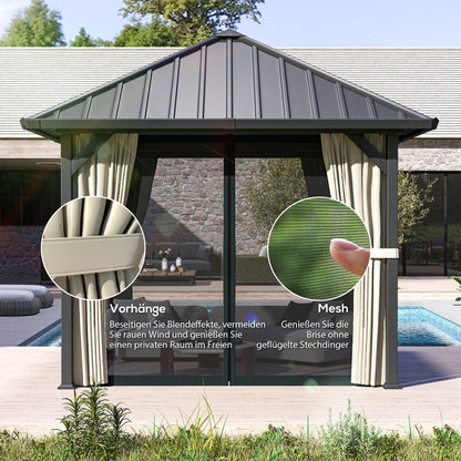 Pavilion with Hardtop, approx. 3x3m Waterproof Sturdy Winterproof Garden Pavilion with Mosquito Net, Side Panels, Metal Garden Gazebo, Pavilion for Garden, Patio, Dark Grey