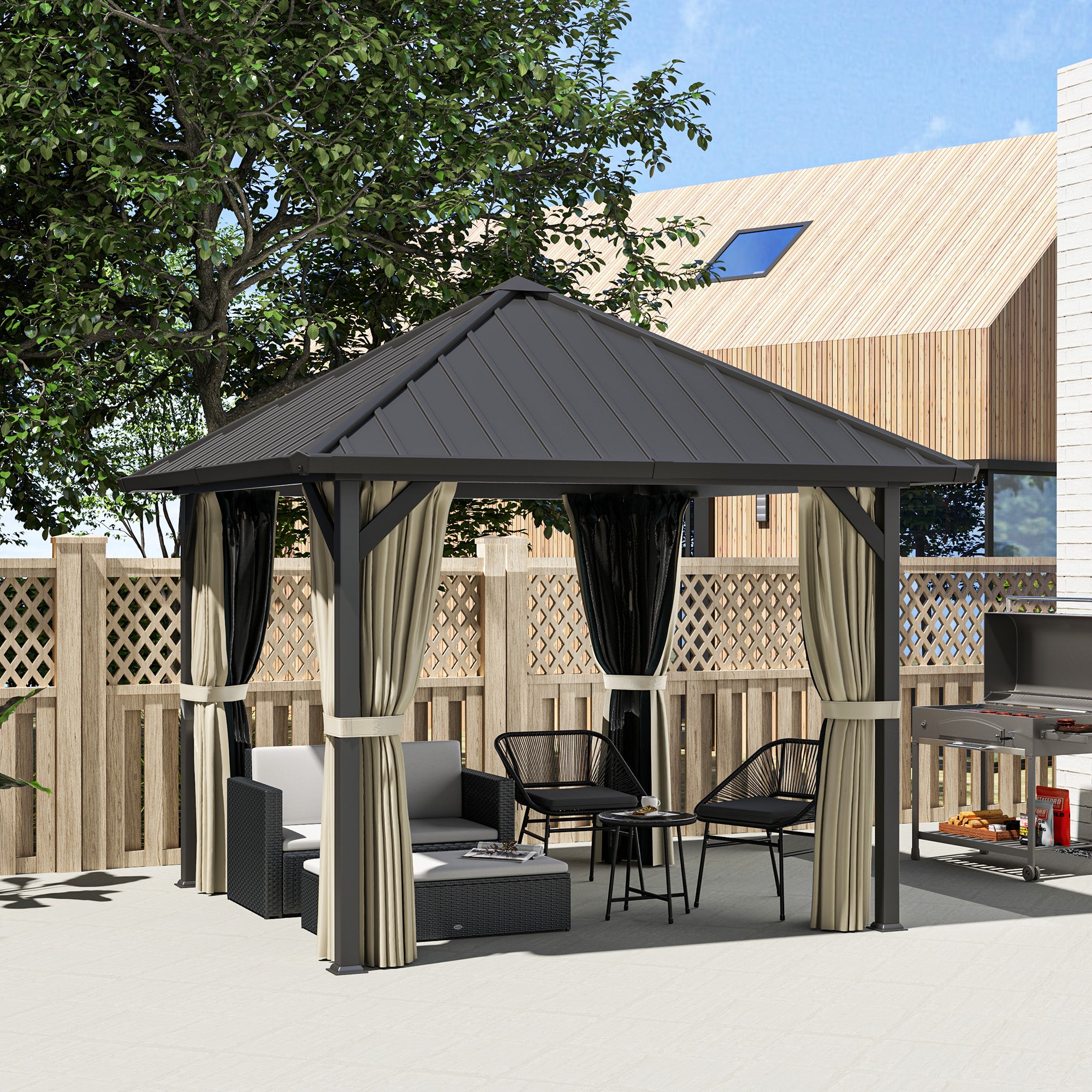 Pavilion with Hardtop, approx. 3x3m Waterproof Sturdy Winterproof Garden Pavilion with Mosquito Net, Side Panels, Metal Garden Gazebo, Pavilion for Garden, Patio, Dark Grey