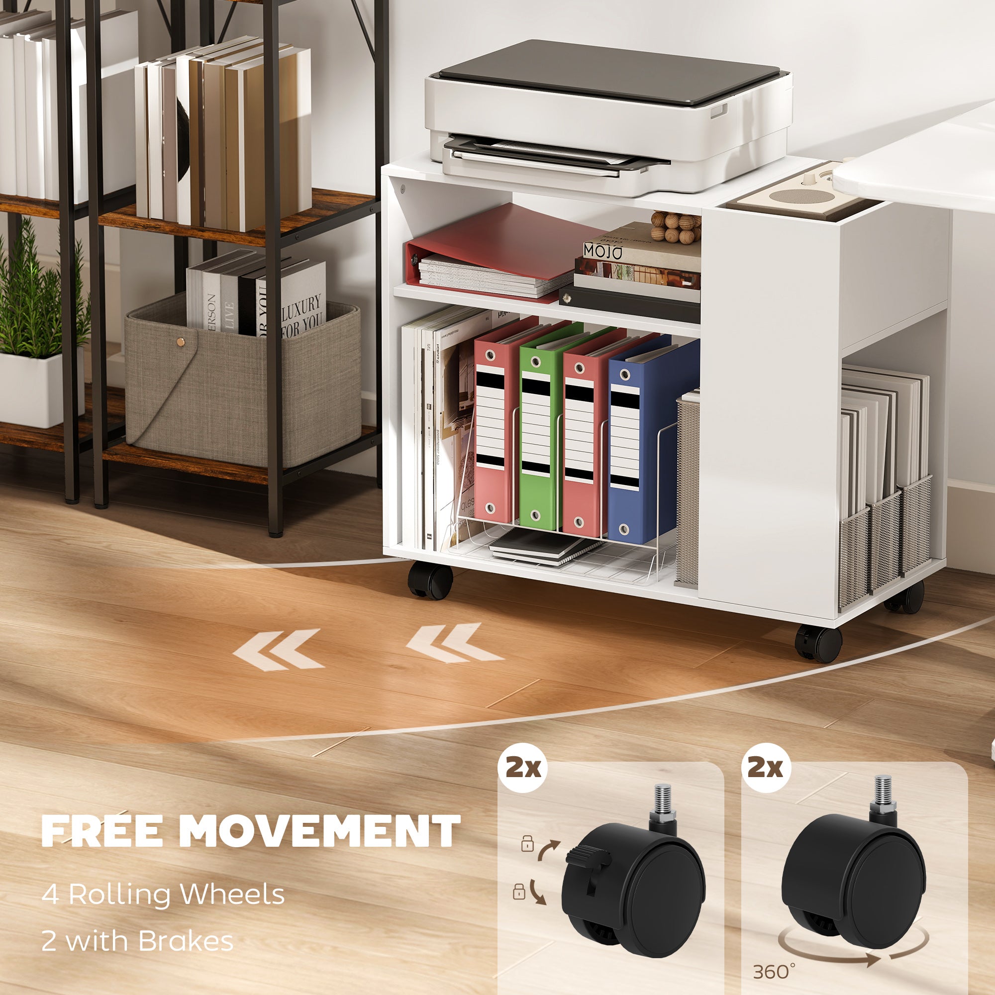 Printer Stand with Dividable Organizer, Shelves & Locking Wheels — Compact Office Cart for Printer, Fax & Scanner, 27.6 x 13.4 x 23.6 in, White