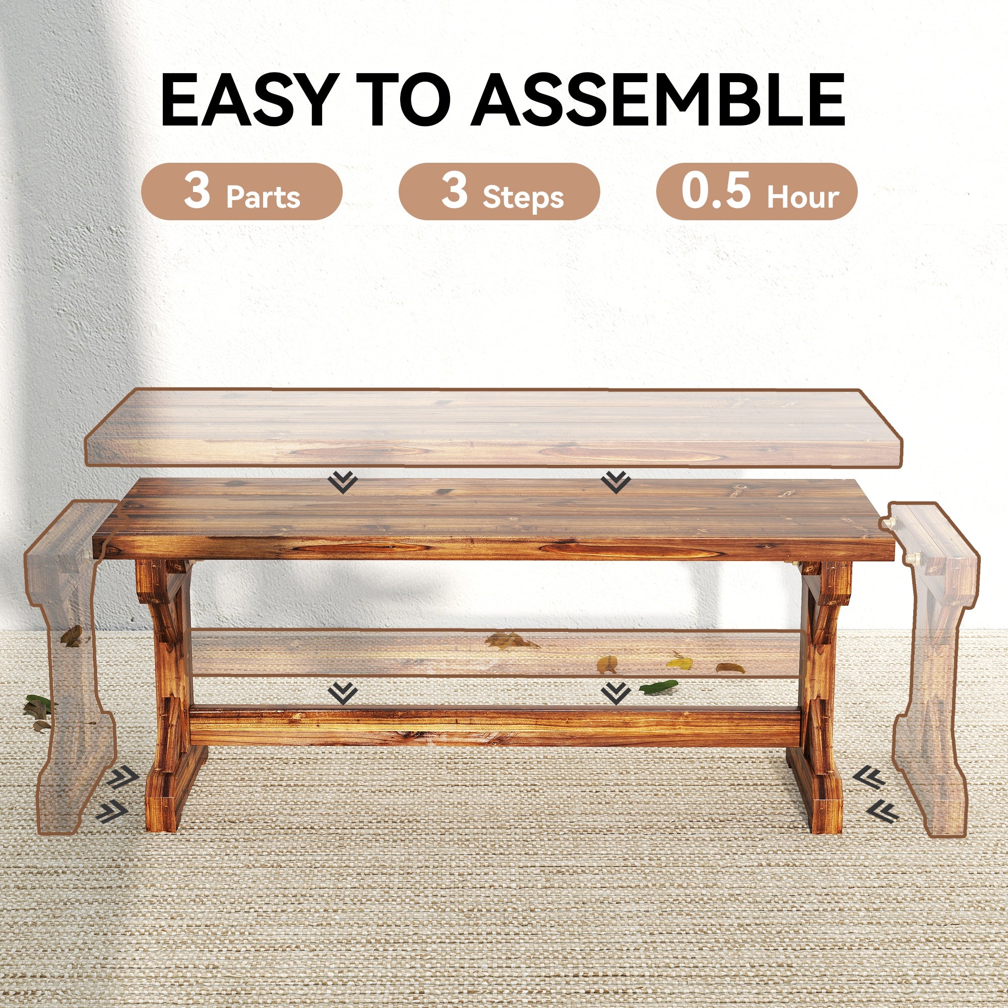 2-Person Weather-Resistant Solid Spruce Garden Bench with X-Base, Charred Finish — 45 x 16 x 18 in, 530 lb Capacity