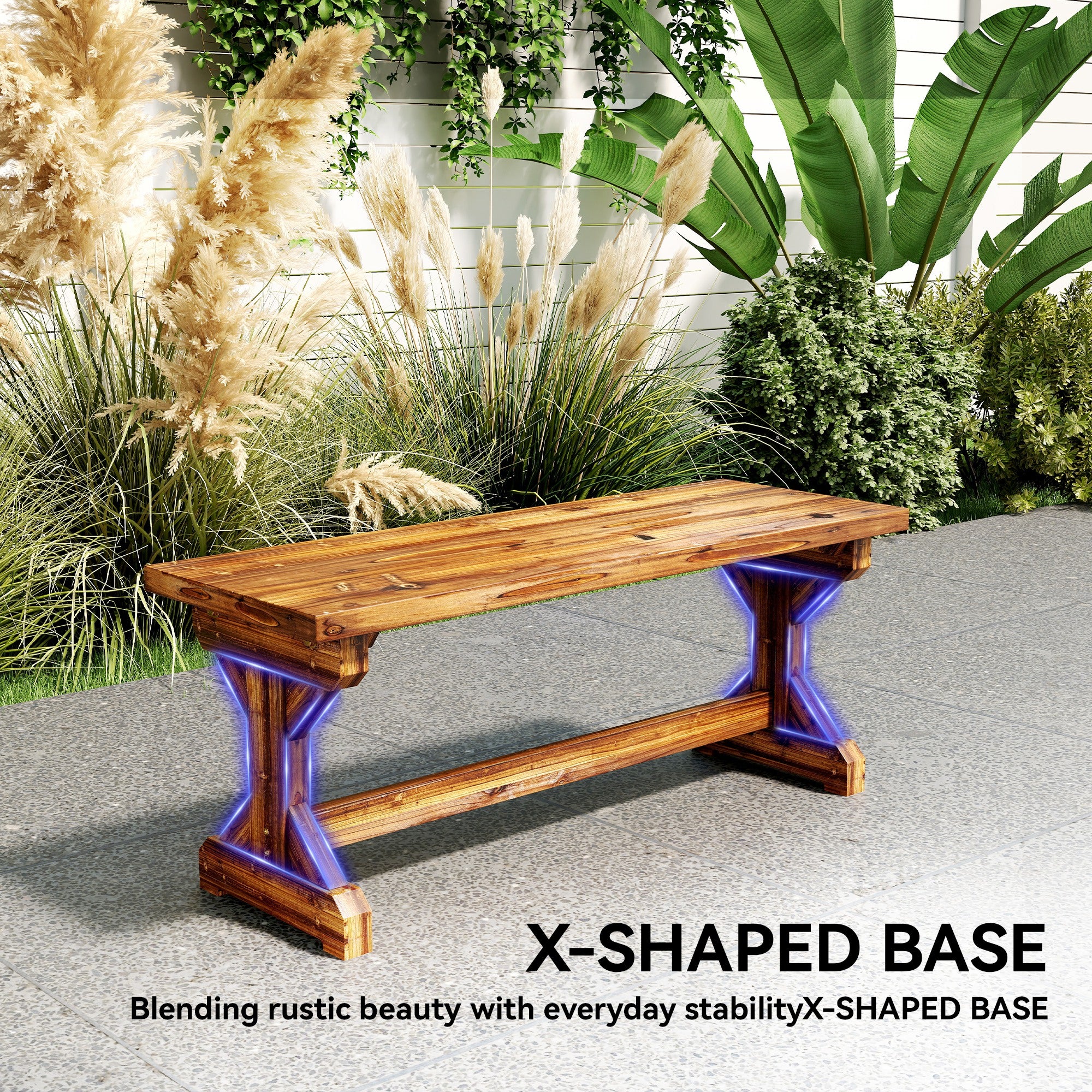 2-Person Weather-Resistant Solid Spruce Garden Bench with X-Base, Charred Finish — 45 x 16 x 18 in, 530 lb Capacity