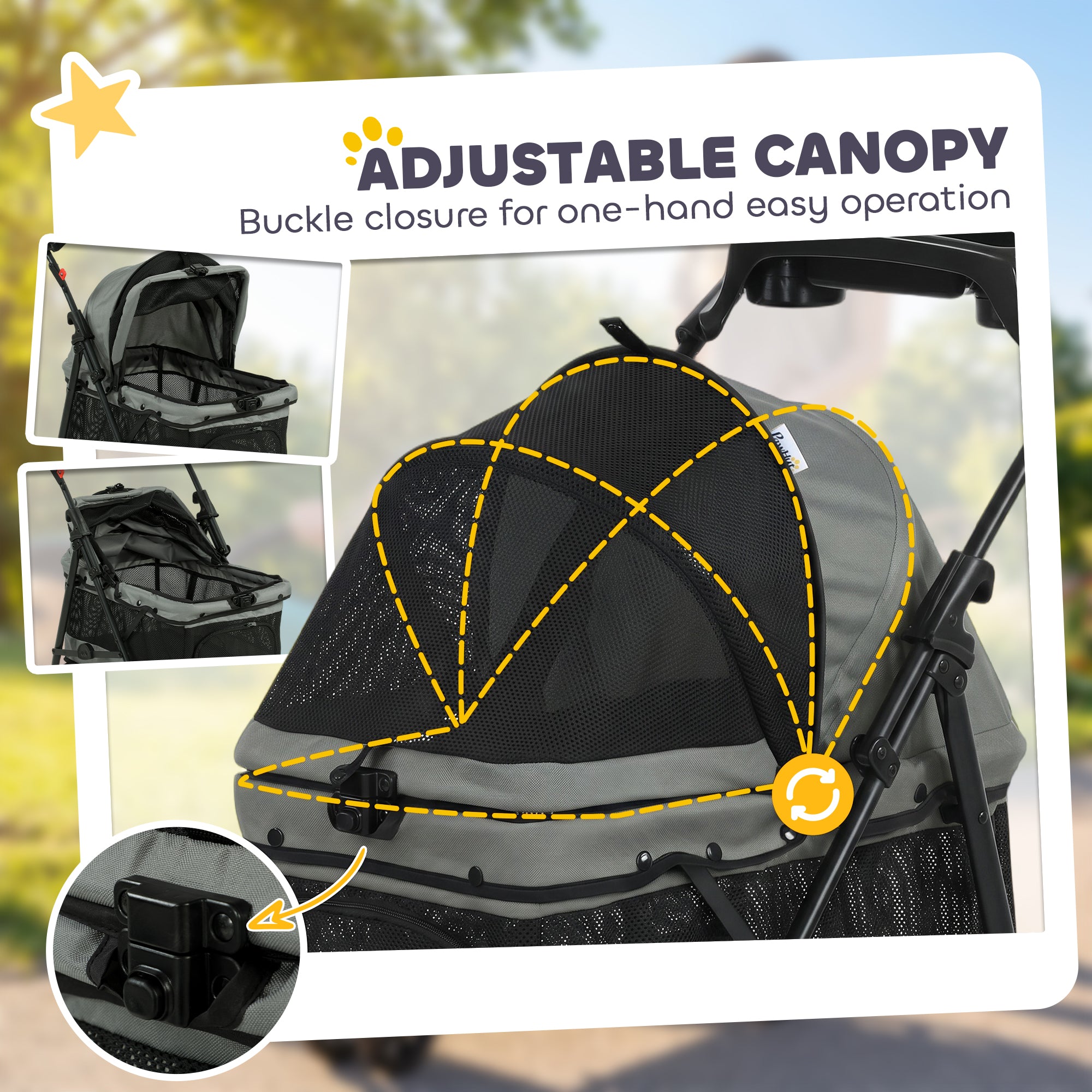 Foldable Pet Stroller for Small Dogs & Cats, Up to 22 lb (10 kg), Lightweight 4-Wheel EVA with Swivel Front & Brakes, Breathable Mesh, Washable Cushion, Tray & Cup Holder, Gray