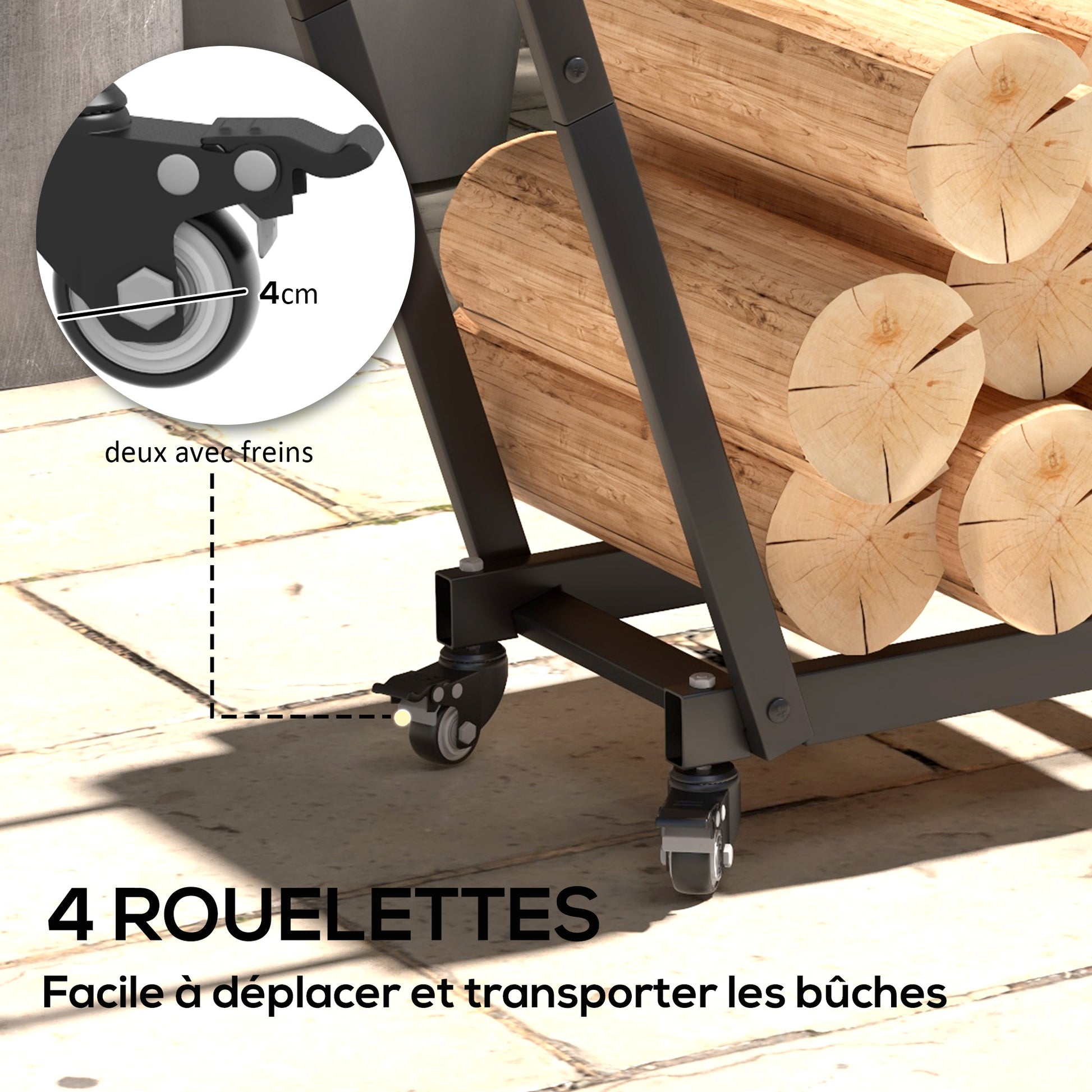 Indoor Log Rack, Indoor Log Holder, with Side Hooks for Storage, Wheels, Inverted Trapezoidal Shape, Max Load of 50 kg, 79 x 30 x 81 cm, Metal, Black