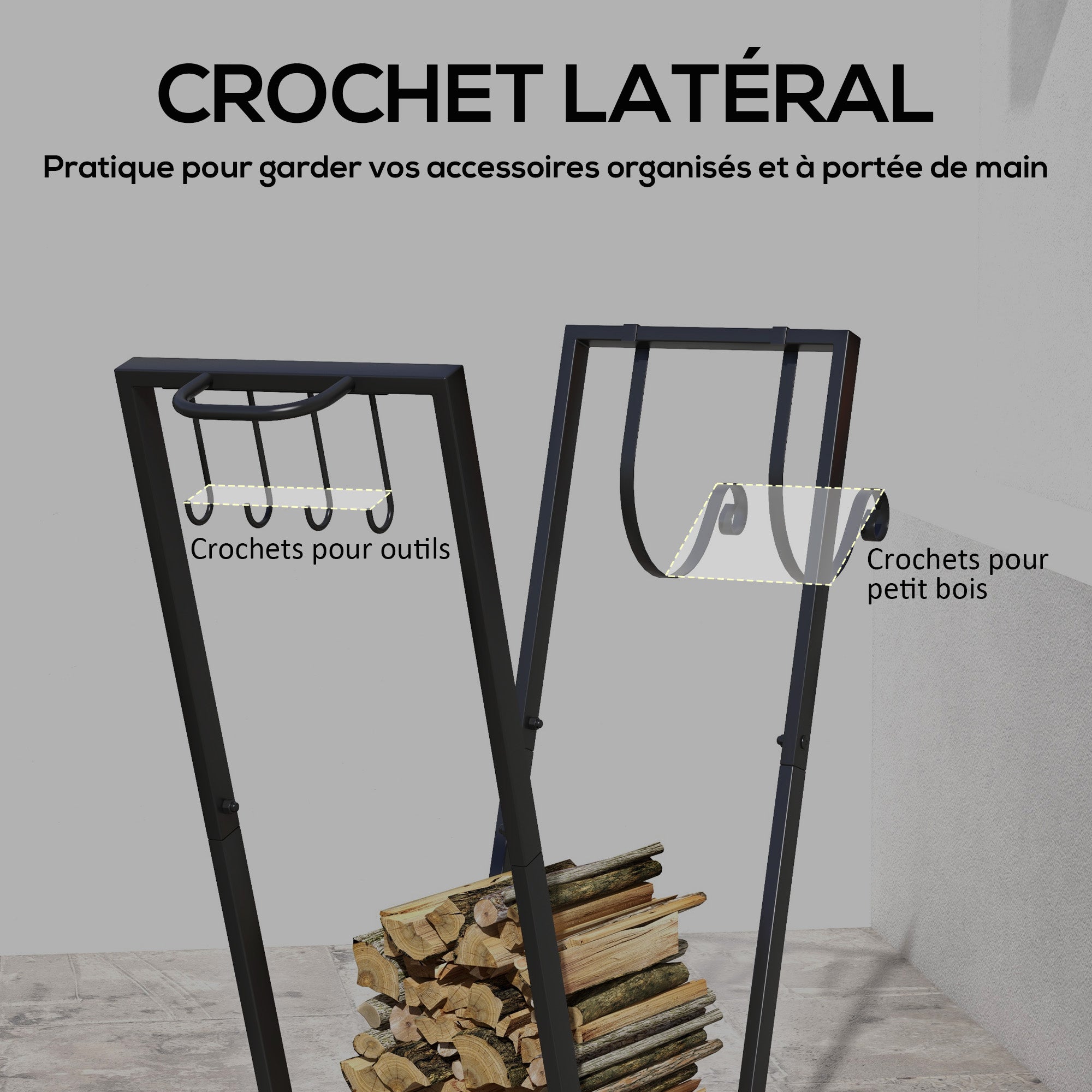 Indoor Log Rack, Indoor Log Holder, with Side Hooks for Storage, Wheels, Inverted Trapezoidal Shape, Max Load of 50 kg, 79 x 30 x 81 cm, Metal, Black
