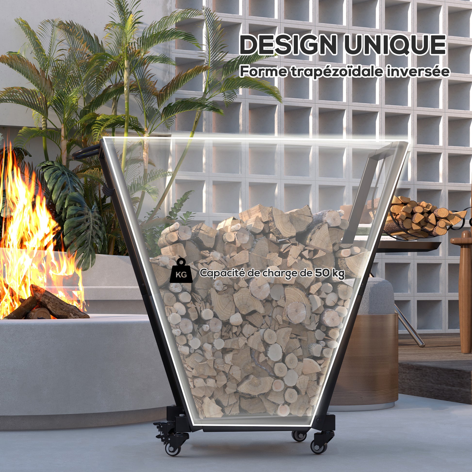 Indoor Log Rack, Indoor Log Holder, with Side Hooks for Storage, Wheels, Inverted Trapezoidal Shape, Max Load of 50 kg, 79 x 30 x 81 cm, Metal, Black