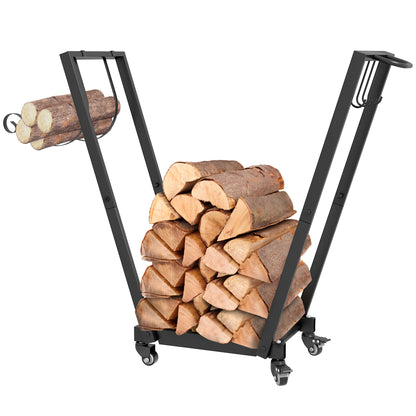 Indoor Log Rack, Indoor Log Holder, with Side Hooks for Storage, Wheels, Inverted Trapezoidal Shape, Max Load of 50 kg, 79 x 30 x 81 cm, Metal, Black