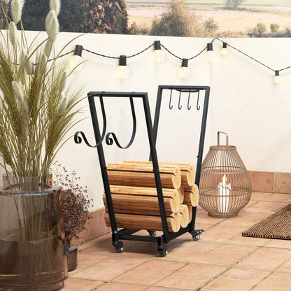 Indoor Log Rack, Indoor Log Holder, with Side Hooks for Storage, Wheels, Inverted Trapezoidal Shape, Max Load of 50 kg, 79 x 30 x 81 cm, Metal, Black