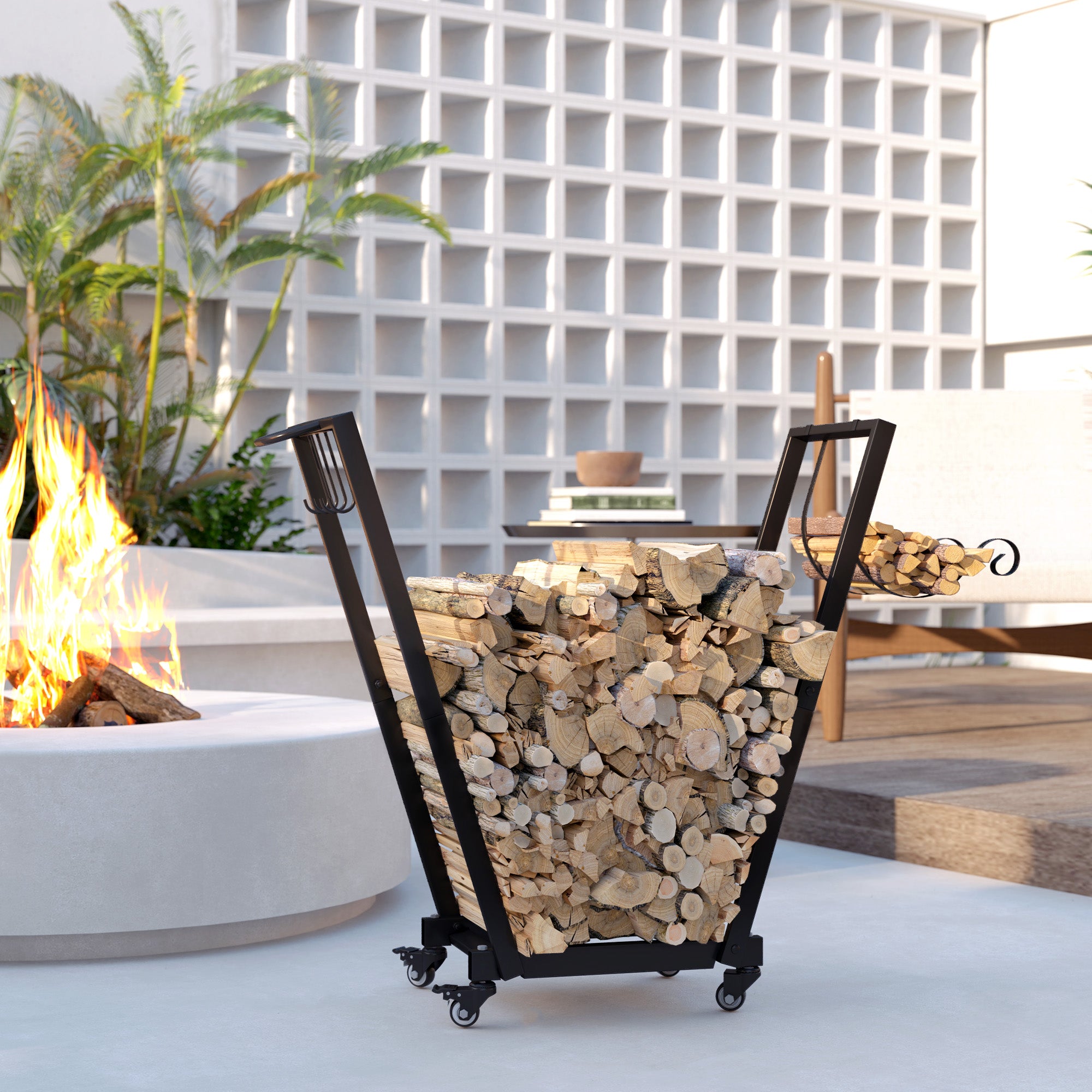 Indoor Log Rack, Indoor Log Holder, with Side Hooks for Storage, Wheels, Inverted Trapezoidal Shape, Max Load of 50 kg, 79 x 30 x 81 cm, Metal, Black