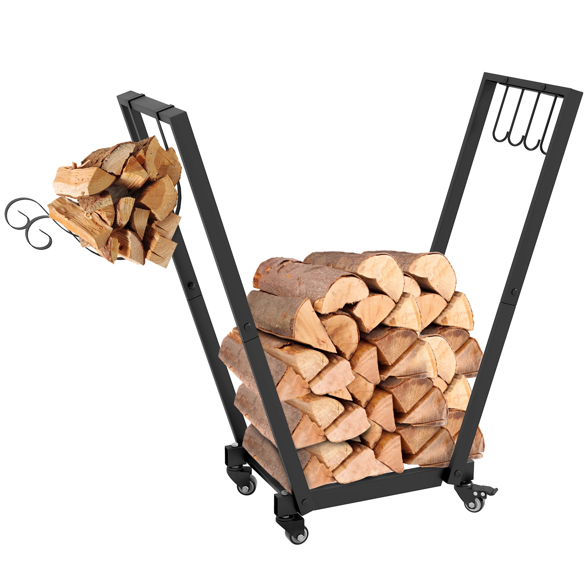 Indoor Log Rack, Indoor Log Holder, with Side Hooks for Storage, Wheels, Inverted Trapezoidal Shape, Max Load of 50 kg, 79 x 30 x 81 cm, Metal, Black