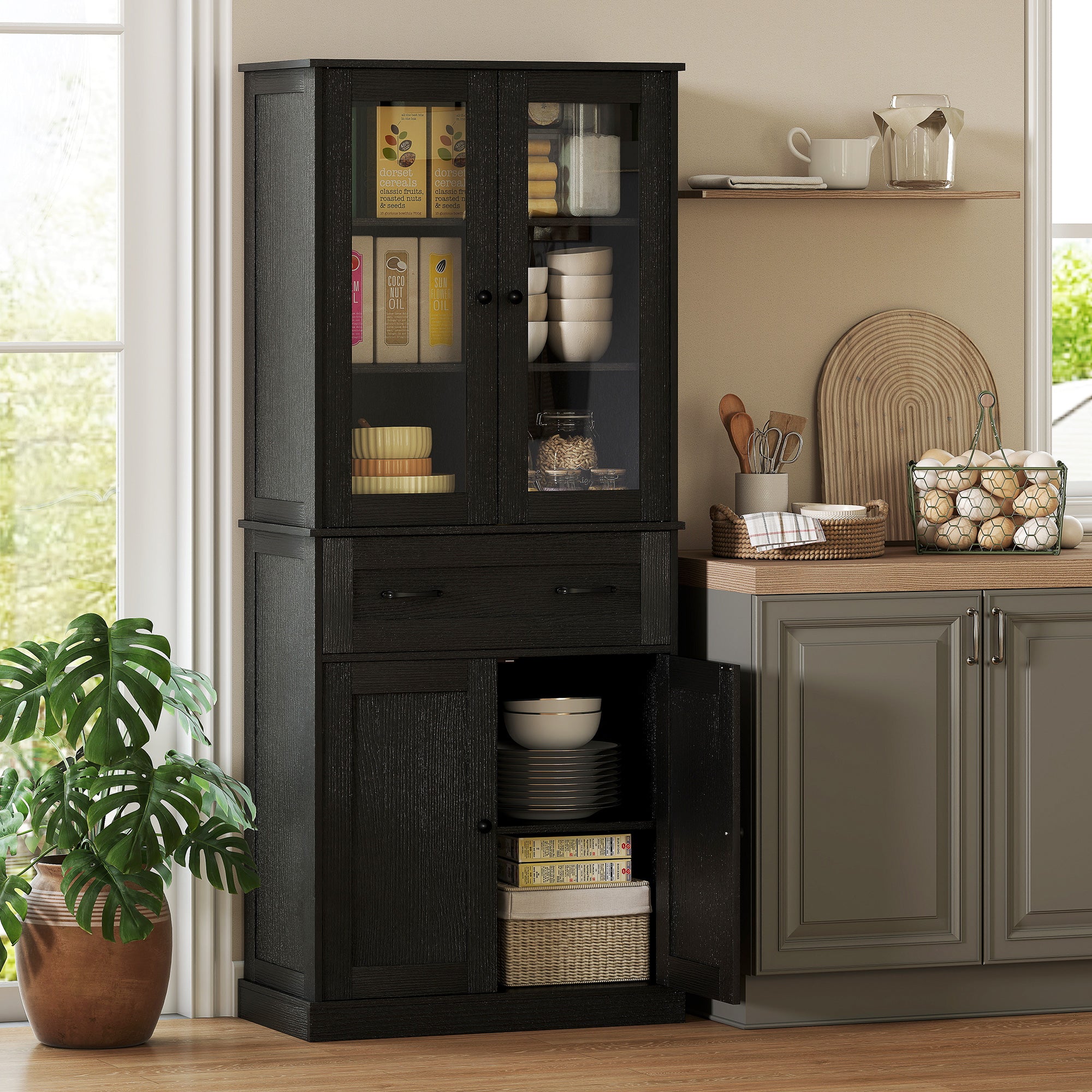 Tall Kitchen Cabinet Buffet with 2 Compartments, Acrylic Doors, Adjustable Shelf and Drawer, Pantry Cabinet for Kitchen/Living/Dining, Black, 76 x 40 x 182.5 cm (30 x 15.7 x 71.9 in)