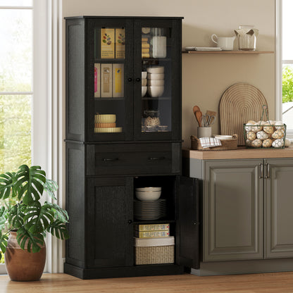 Tall Kitchen Cabinet Buffet with 2 Compartments, Acrylic Doors, Adjustable Shelf and Drawer, Pantry Cabinet for Kitchen/Living/Dining, Black, 76 x 40 x 182.5 cm (30 x 15.7 x 71.9 in)