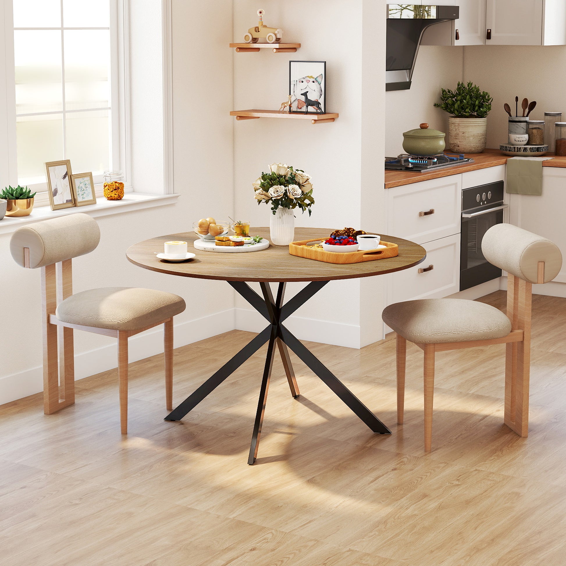 Round Dining Table for 4 Persons, Ø120 Kitchen Table in Industrial Style with Steel Legs, for Dining Room, Kitchen, Home Office, Oak