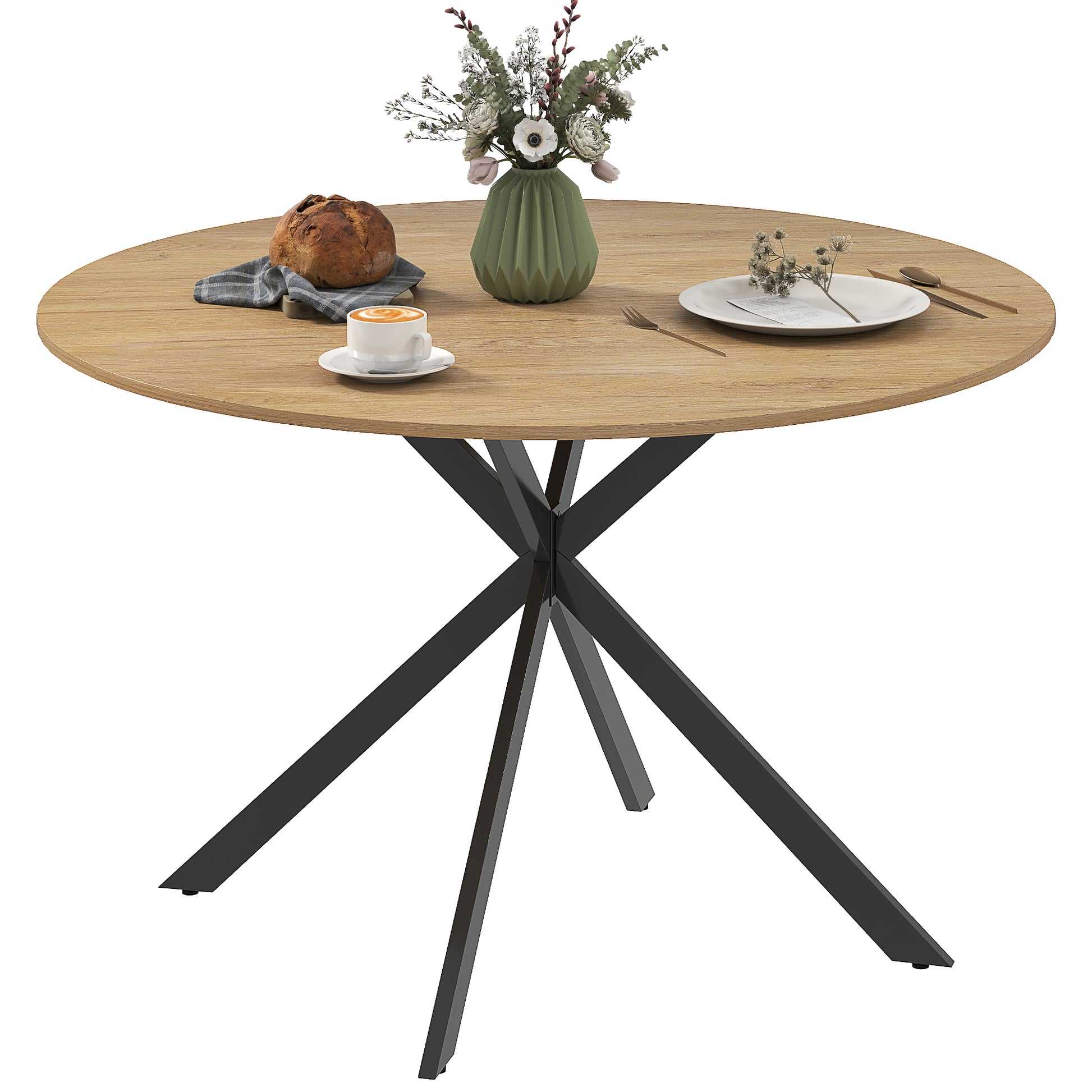 Round Dining Table for 4 Persons, Ø120 Kitchen Table in Industrial Style with Steel Legs, for Dining Room, Kitchen, Home Office, Oak